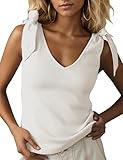 SAFRISIOR Women's Bow Tie Tank Tops V Neck Shoulder Strap Sleeveless Shirts Slim Fit Summer Going Out Knit Camisoles White