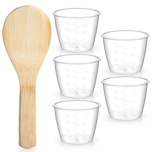 Bamboo Rice Paddle and 5 Pcs Plastic Rice Measuring Cups Set, Non-Stick Wood Rice Scooper Rice Spoon Scooper with 160ml 3/4 Cup Rice Cooker Measuring Cup Bamboo Cooking Utensils for Serving Cooking