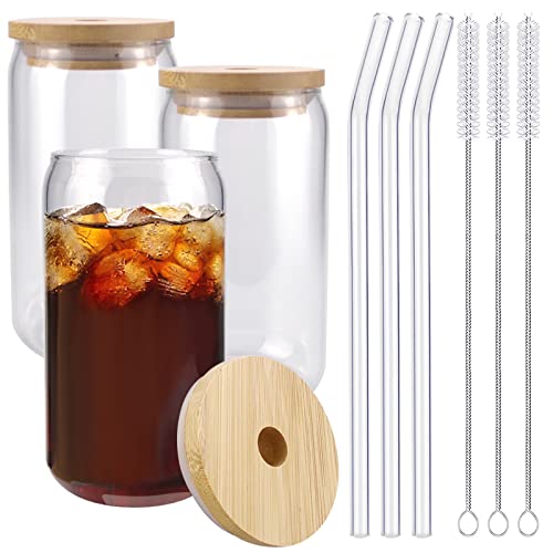 Trinkglas mit Bambusdeckel und Glasstrohhalmen, 3 Stück 473 ml Trinkgläser mit Glasstrohhalm, Bierdosen, Glasbecher, geeignet für Tee, Wasser, Kaffee, Eiskaffee Cover