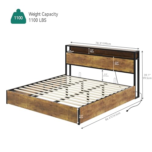 King Size Liftup Storage Bed Frame with Bookcase Headboard, LED Lights
