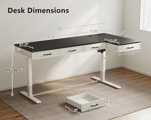 Image of OffiGo 63 Inch L Shaped Standing Desk with 4 Wooden Drawers, White+Black