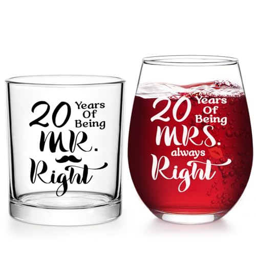 Futtumy 20th Anniversary Glass Gifts Set, 20 Years of Being Mr Right & Mrs Always Right...