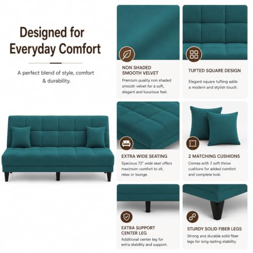 Image of Adorn India Alyssum 3 Seater Sofa Cum Bed 4X6 Velvet 2 Cushions (Color Aqua Blue) and Suitable for All Indoor, with 3 Years Warranty