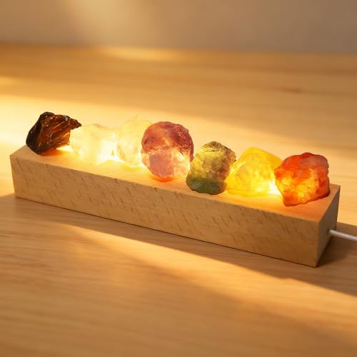 BlyeMichdi Lámpara de Sal con Base Madera, 7 Colores Piedras de Sal con Luz Ajustable para Ambiente Relajante, USB Luz Nocturna de Piedra Cristal, Luces Acogedora para Salón,Meditación, Yoga, Decor