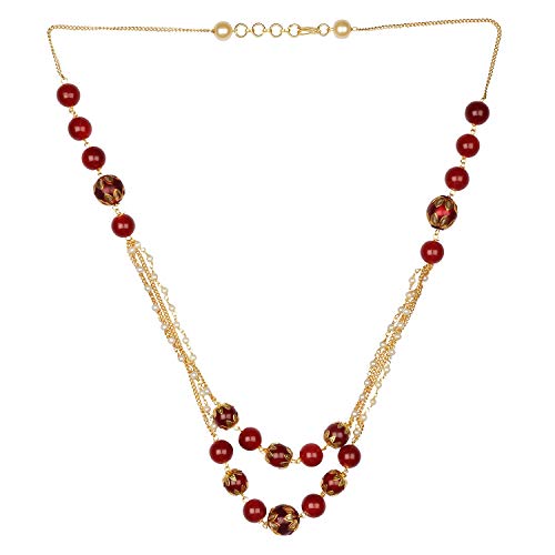 Efulgenz Pearl Chain Multi Layered Necklace Indian 14 K Gold Plated Red Faux Ruby Beads Strand Fashion Costume Jewelry