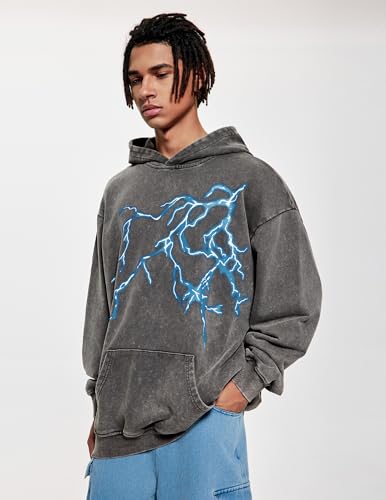 Vamtac Lightning Graphic Hoodies for Men Oversized Unisex Wash Hoodie Y2k Vintage Pullover Hooded Sweatshirt