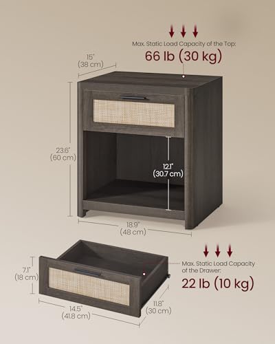 Image of VASAGLE Set of 2 Boho Nightstands with Rattan-Look Drawer | Accent Side End Tables, Open Compartment, Rounded Corners, for Bedroom Bedside, Taupe Brown, ELLAN Collection ULET818TC01