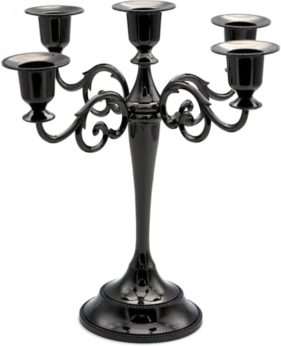 JEVIMORY Black Candelabra Candle Holders for Pillar Candles 10.6 inch Tall 5 Candle Candlestick Holder for 1/2-1 inch Taper Candles Halloween Candelabra Decoration Easy Assembly (Black)