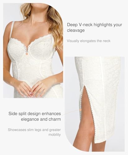 Image of Popilush Lace Corset Dress with Built in Shapewear Formal Cocktail for Women Deep V Neck Side Slit Bodycon Midi Black