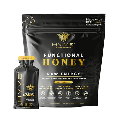 HYVE Functional Pre-workout Honey – Raw Energy Sachets with Organic Cordyceps Mushrooms, Black Lava Sea Salt & Organic Honey – Natural Energy Boost, Pack of 12, Salted Caramel