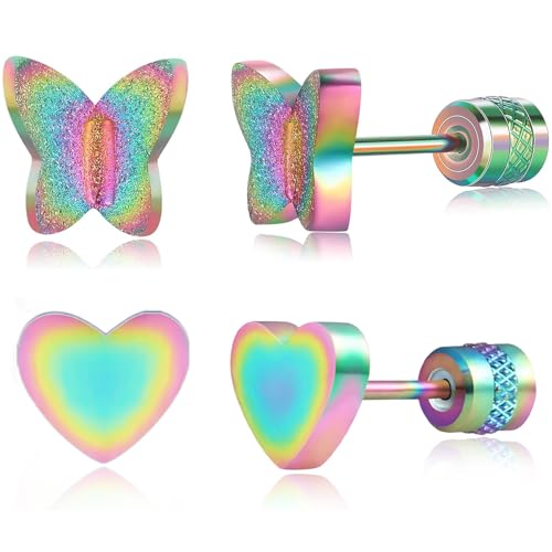 Gemsme Butterfly Stainless Steel Stud Earrings - 2 Pairs Flat Back Hypoallergenic Titanium Butterfly/Heart/Star Shaped Screw Back Earrings for Women Men
