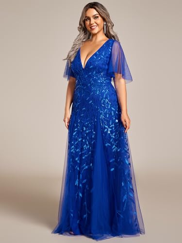Image of Ever-Pretty Women's Sequin V Neck Plus Size Formal Dresses Evening Gown | Short Sleeve, A-Line, Empire Waist, Plus Size Mother of the Bride Dresses, Plus Size Gala Dress