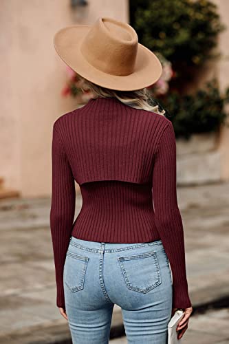 Image of PRETTYGARDEN Women's 2025 Fashion Fall Clothes 2 Piece Cutout Tops Long Sleeve Mock Neck Rib Knit Winter Pullover Sweater (Wine Red,Small)