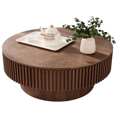 YSJZYBF 31.5'' Round Coffee Table for Living Room, Fluted Coffee Table with Hidden Storage, Solid Wood Veneered Circle Coffee Table, Modern Coffee Table Tea Table for Small Space Apartment (Walnut) Cover