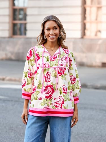 Cicy Bell Womens Floral Print Babydoll Blouse V Neck 3/4 Sleeve Peplum Tops Casual Loose Fit Boho Flowy Shirts2