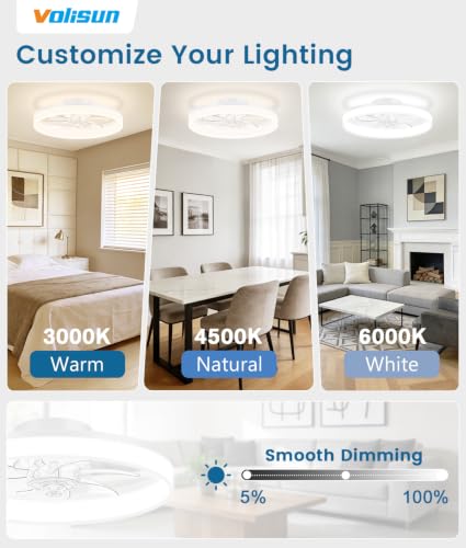 Image of VOLISUN Low Profile Ceiling Fans with Lights and Remote, 16in Fandelier Ceiling Fan Flush Mount, 3000K-6500K Smart Bladeless LED Fan Light, White Modern Ceiling Fans with Lights for Bedroom