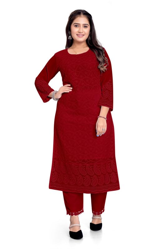 Image of IMPEX Hand Embroidered Chikankari Georgette Kurta for Women | Kurti | 3 /4th Sleeves | Round Neck | Ethnic Kurta | Ideal for Casual Wear, Festive, Wedding & Parties