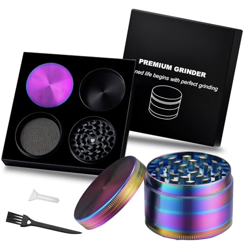 Spespo Rainbow Herb Grinder, 4 Pieces 2 Zinc Alloy Metal Grinder,Colourful Spice Crusher with Pollen Catcher