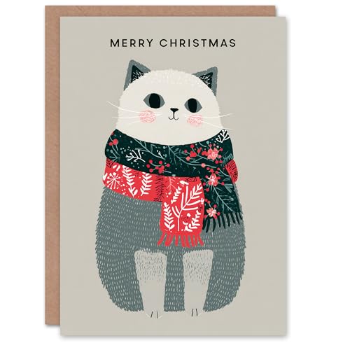 Artery8 Christmas Card Cute Grey Ragdoll Cat With Festive Season Scarfs