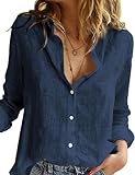 Eddoyee 2025 Blusa de Manga Larga con Botones y Lino para Mujer Camisas Color Sólido Suelta Tops Mujer Azul