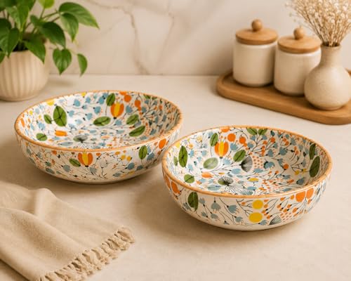 Image of Niyara Meadow Bloom Ceramic Serving Bowl Set of 2 | Premium Handmade Floral Salad & Pasta Bowls | Decorative Tableware for Dining & Gifting
