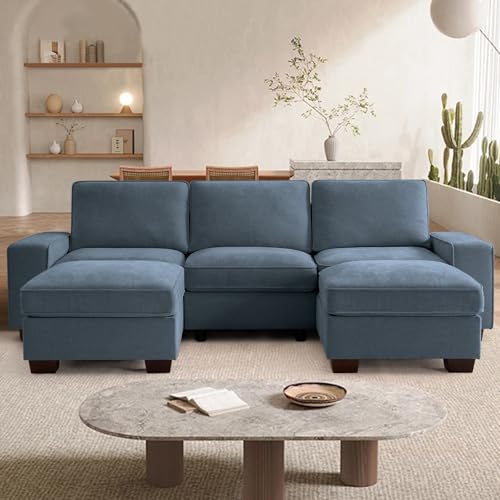Image of TEKAMON 100 inch Modular Sectional Sofa with Seats Storage, U Shaped Couch with Movable Ottomans, Chenille Fabric Couch for Living Room,Removable Cover(Blue, 3 Seater & 2 Ottomans- U Shape)
