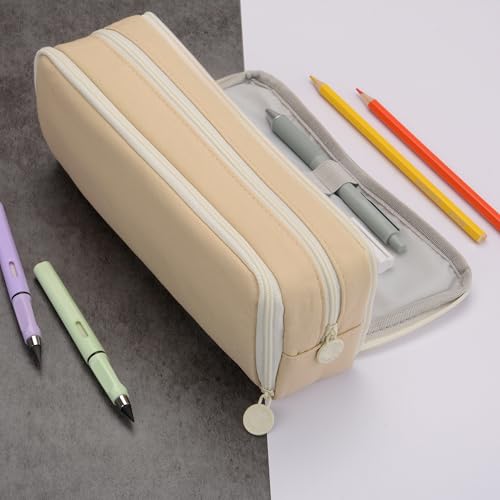 Image of Large Capacity Special Aesthetic Pencil Case Organizer with 3 Compartments, Big Preppy School Pencil Pouch Bag for Girls Women Adults, Pencil Holder Pen Pouch Cases (Khaki)