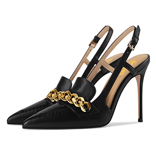 XYD Women Office Ladies Metal Chain Slingback Pumps Pointed Toe High Heel Sandals Stiletto Heeled Cutout Slip On Dressy Party Shoes3