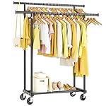 Double Rods Clothes Rack, Rolling Clothing Rack for Hanging Clothes Portable Wardrobe Rack, Metal Garment Rack Sturdy Coat Rack for Bedroom Laundry Living Room, Black