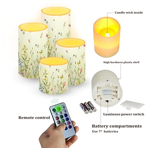Image of LED Flickering Candles Battery Operated Candles Set of 4 with Remote Control Timer Dancing Flame Pillar Candles Home Table Decoration, Floral Green