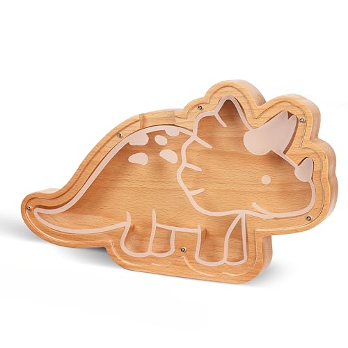 Wooden Dinosaur Piggy Bank for Boys and Girls - Fun Money Saving Dino Piggy Bank for Kids - Perfect for Children and Toddlers of Any Age to Learn About Savings, Responsibility and Long Term Goals