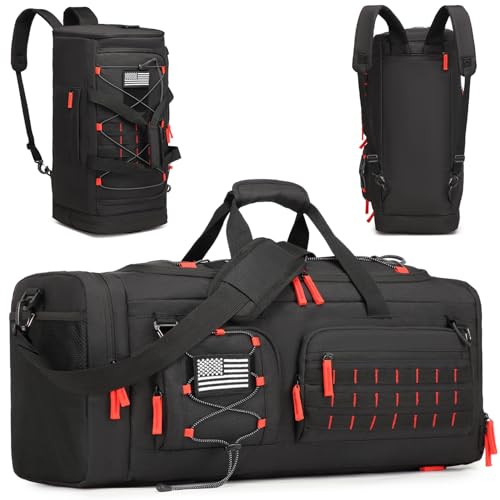 Gym Bag for Men and Women, 50L Extra Large Duffle Bag, 3-in-1 Travel Sports Duffel Bags with Shoe & Laptop Compartment for Overnight Weekender Gym Traveling Workout Deployment, Black+Red