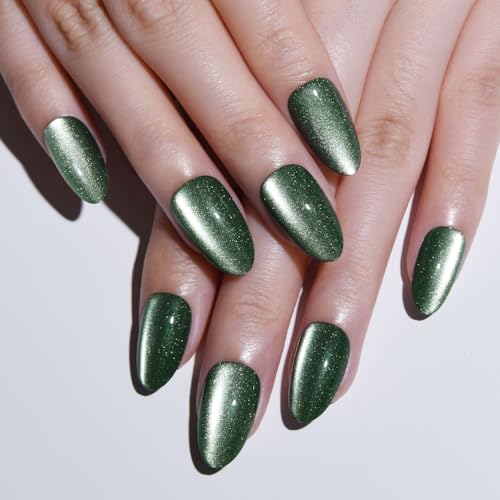 evpct Green Cat Eye Real Short Press on Nails Almond, Petite Shor...
