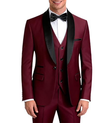 3-teiliger Herren-Anzug, schmale Passform, ein Knopf, einfarbig, Hochzeit, klassisches Smoking-Set, Weinrot, L