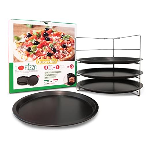 Guardini, Set 4 tegami pizza Ø 28 cm + 1 griglia porta tegami, Acciaio con rivestimento antiaderente, Nero, Made in Italy, Linea Pizza&Mania