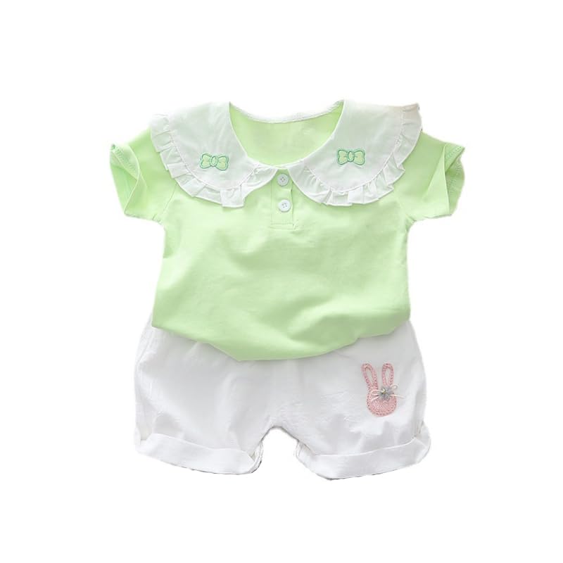 Cotton Stylish Smiley Bunny Back Top tshirt and Shorts Set Dress for Baby Girls - Green Color