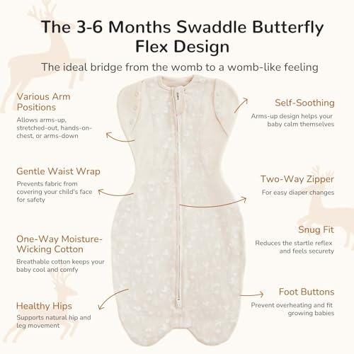 Image of Transition Swaddle Sleep Sack, 3-6 Months, 12-18 lb, 2-Way Zipper, Moisture-Wicking Fabric, Improves Sleep, Snug Fit (Jungle and Deer)