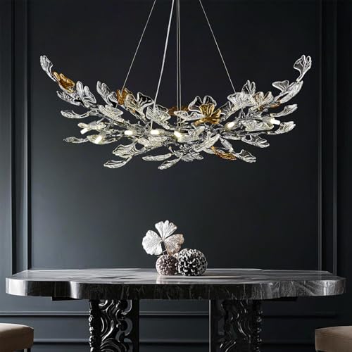 Image of Modern Chandeliers for Dining Room，AioTio L47.2''Long Unique Glass Ginkgo Leaf Dining Chandeliers Over Table,Large Rectangle Tree Branch Ceiling Hanging Black Chandelier for Living Room,Kitchen Island
