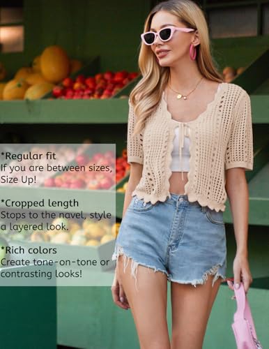Image of Kate Kasin Women Crochet Shrug Knit Sweater, Short Sleeve Cropped Cardigan | Tie Front Tops Light Weight, Knit Cover Up Arm Bolero For Evening Dresses Dressy Casual, Ladies Eyelet Shawl Thin Formal