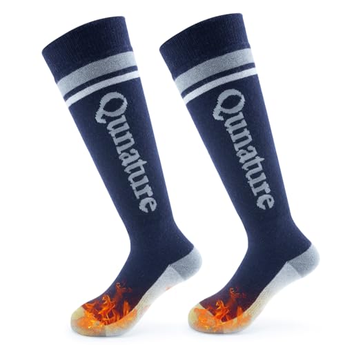 Qunature Chaussettes Ski Enfant Épais 1 Paire Haut Chaussettes Mollet Intérieur Hiver Long Laine Thermique Chaud Fille Garçon Anti-Choc Ergonomique Snowboard Patinage Cyclisme Bleu Foncé L(33-36)