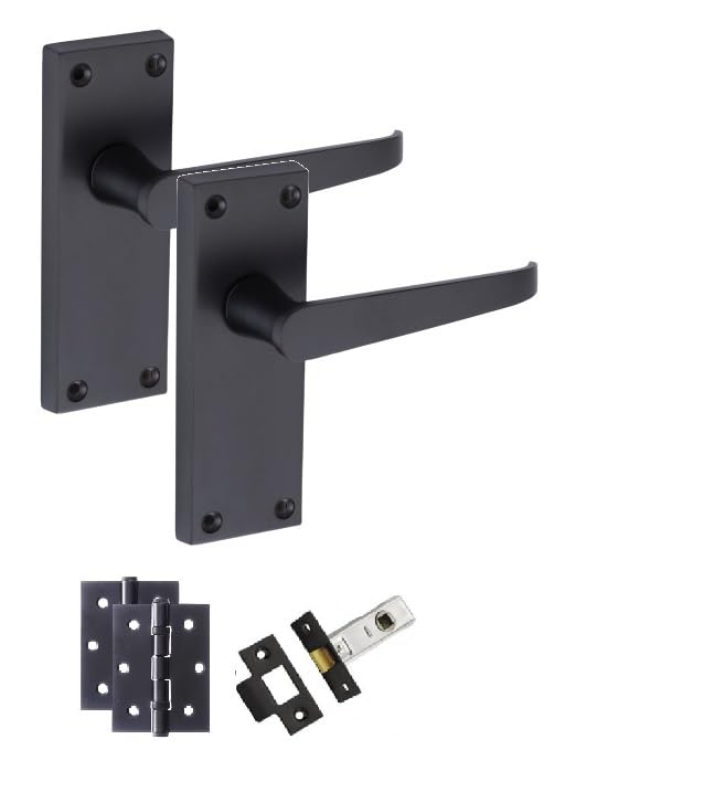 Golden Grace Victorian Straight Handle Latch Door Handles in Matt Black with 1 Pair of 3" Ball Bearing Hinges & Latches, 1 Set - 120mm x 40mm Backplate