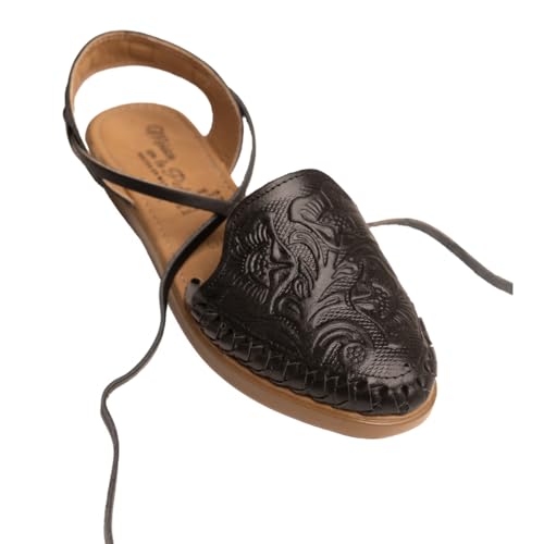Mexico en la Piel Women's Lace-Up Huarache Sandals - Genuine Leather, Handmade with Floral Cut-Out Design, Casual Comfortable Flats, Black Closed-Toe Size 7US by Mexico en la Piel - Used condition - US$45.71