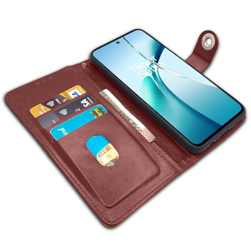 Image of Pikkme Flip Cover Leather Finish | Inside TPU with Card Pockets | Wallet Stand and Shock Proof | Complete Protection Button Flip Case for OnePlus Nord CE 4 Lite 5G (Brown)