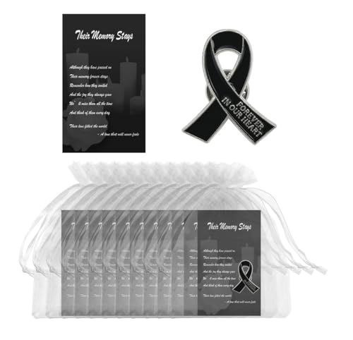 Image of 60 Set Funeral Ribbon Pins Memorial Pin Forever in Our Hearts Lapel Pin Remembrance Brooch with Prayer Cards & Organza Bags