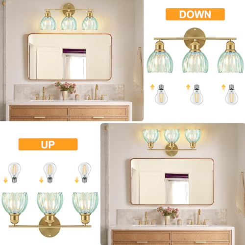 Image of Bathroom Light Fixtures, 3-Light Brushed Gold Vanity Lights for Bathroom with Blue Tulip Glass Shade, 20 inch Vintage Bathroom Vanity Lighting Fixtures Over Mirror for Bedroom Living Room Hallway