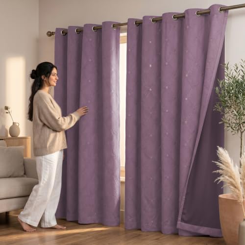 Image of LINENWALAS 100% True Blackout Door Curtains 7.5 Feet Long Set of 2 | Embossed Moonlight Design | Room Darkening Curtain | Thermal Insulated Curtains for Living Room, Bedroom (129 x 229 cm, Lilac)