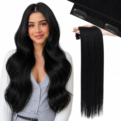 Image of Moresoo Human Hair Clip in Extensions, Seamless Genius Weft, Real Hair | Clip in hair extensions remy hair, jet black, 22inch 130g 7pcs, for weddings, deep black long volume for strong visual impact