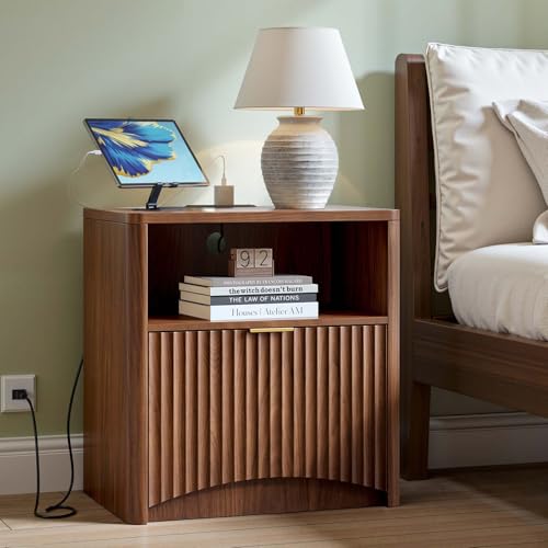 Image of Evermagin Fluted Nightstand with Charging Station, Walnut Bedside Table with Drawer and Storage, Wood End Table Mid Century Modern, Large Night Stand for Bedroom
