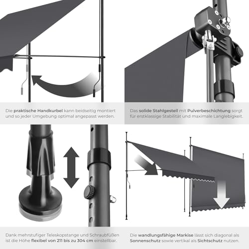 tectake® Klemmmarkise mit Handkurbel, Balkon Markise ohne Bohren, Markise höhenverstellbar, UV-beständig, wasserabweisend, Terrassenüberdachung, Sonnenschutz Terrasse & Balkon, 300 cm - schwarz/grau 5