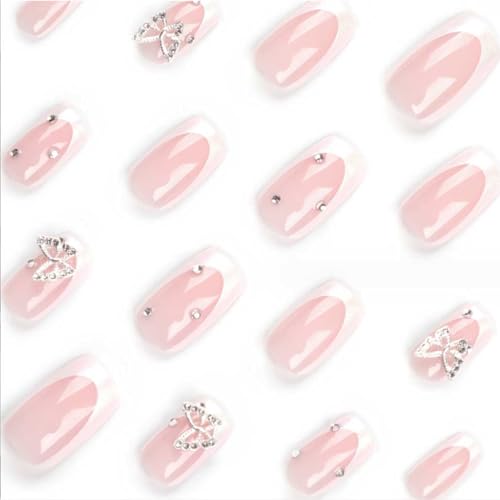 Foccna White Press On Nails Medium Long Rhinestone Fake Nails Square Bling Glossy 3D Butterfly False Nail Tips Artificial Nails Finger Manicure thumb #2